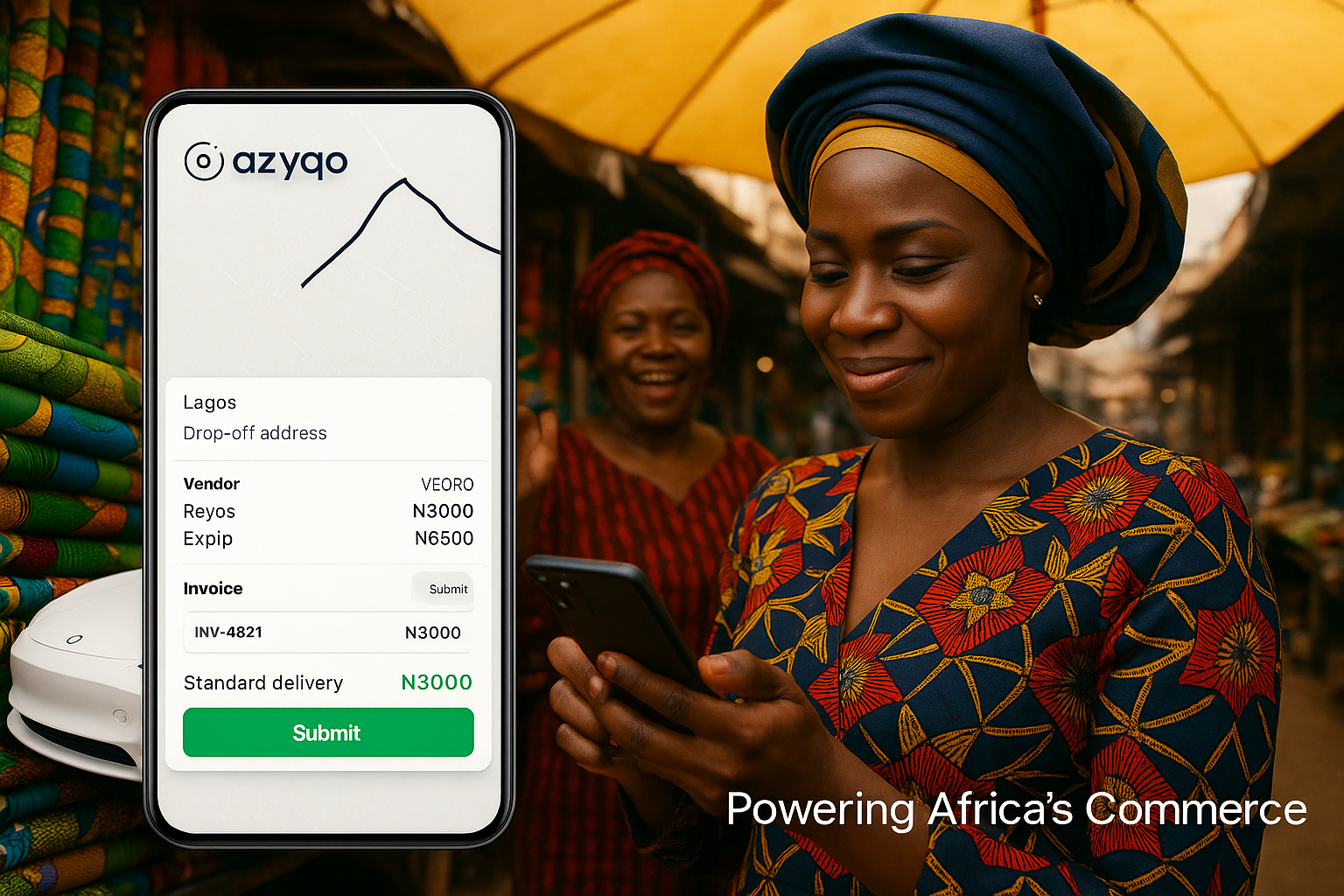 Woman using mobile app with marketplace in background